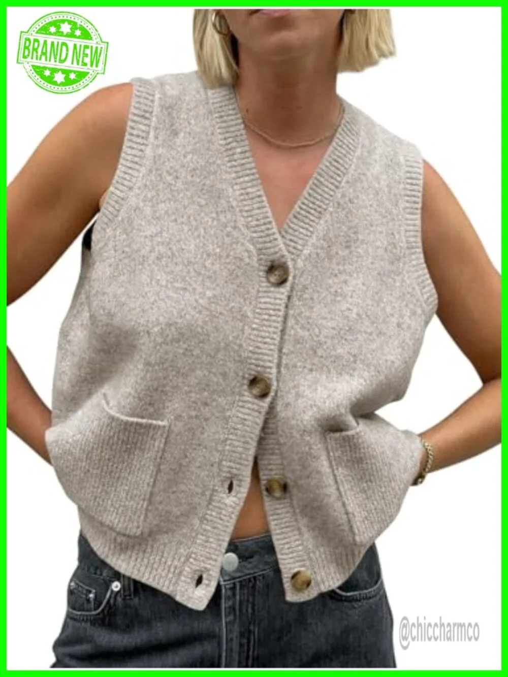 Sleeveless Sweater Vest V Neck Button Knit Cardigan with Pockets